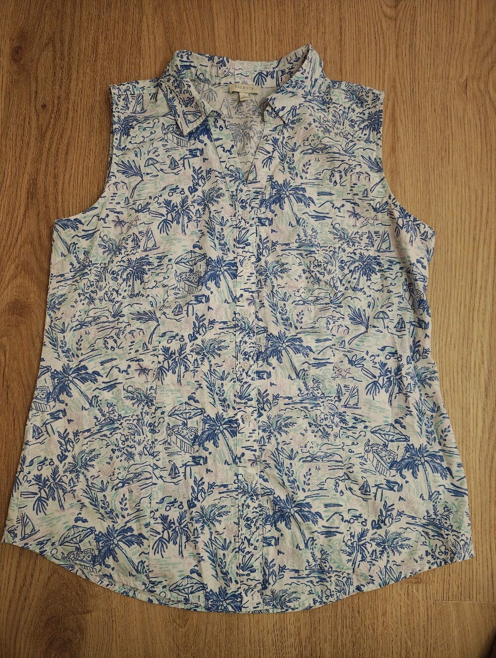 Talbots Sleeveless Blue Tropical Button-Down Shirt